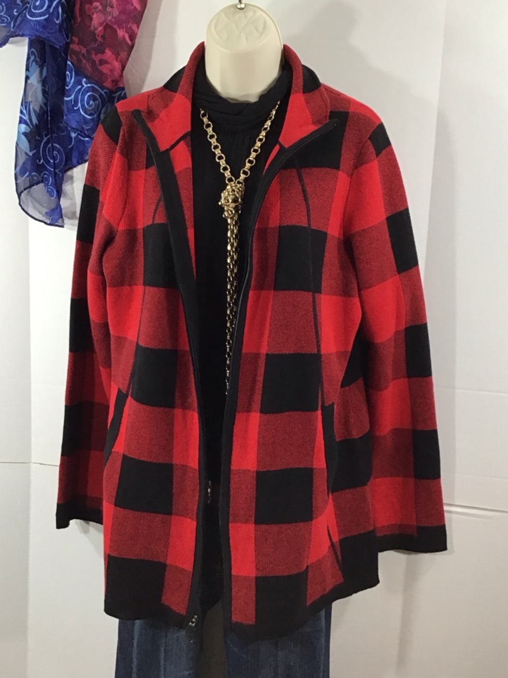 Adrienne Vittadini Red and Black buffalo plaid stretch Knit Zip Sweater L